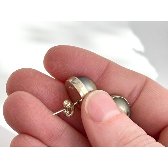 Iridescent Stoned Round Cut Bezel Set Vintage Sterling Silver 925 Stud Earrings - Picture 7 of 9